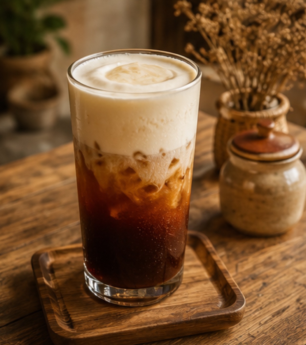 Cold brew topped with silky cold cream foam on a wooden tray