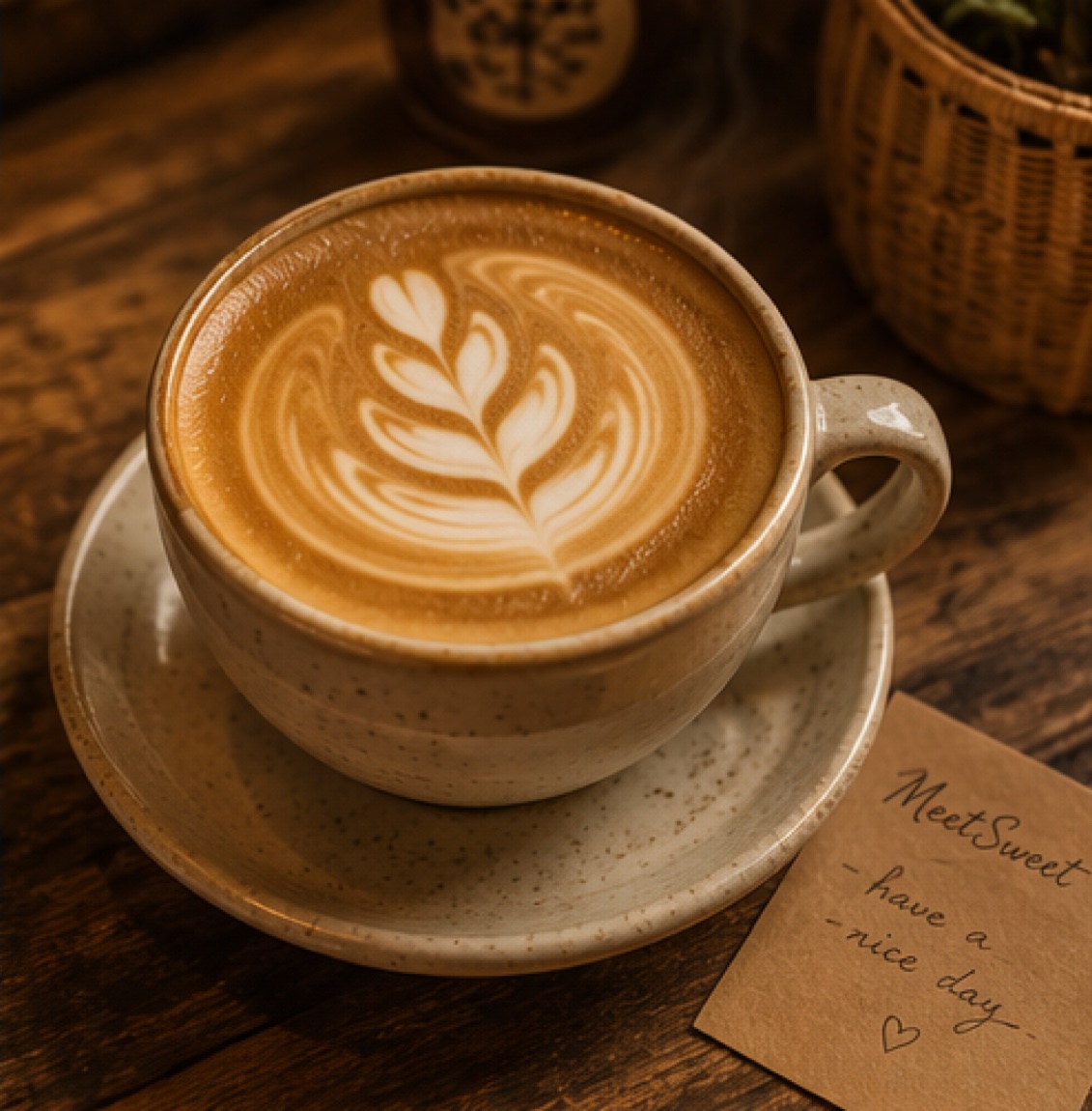 Latte with leaf rosetta art in a cream ceramic cup on a wood table