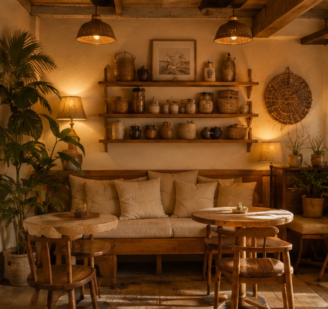 Cozy living-room style interior with a linen sofa, wood tables and ceramic jars under warm lamplight