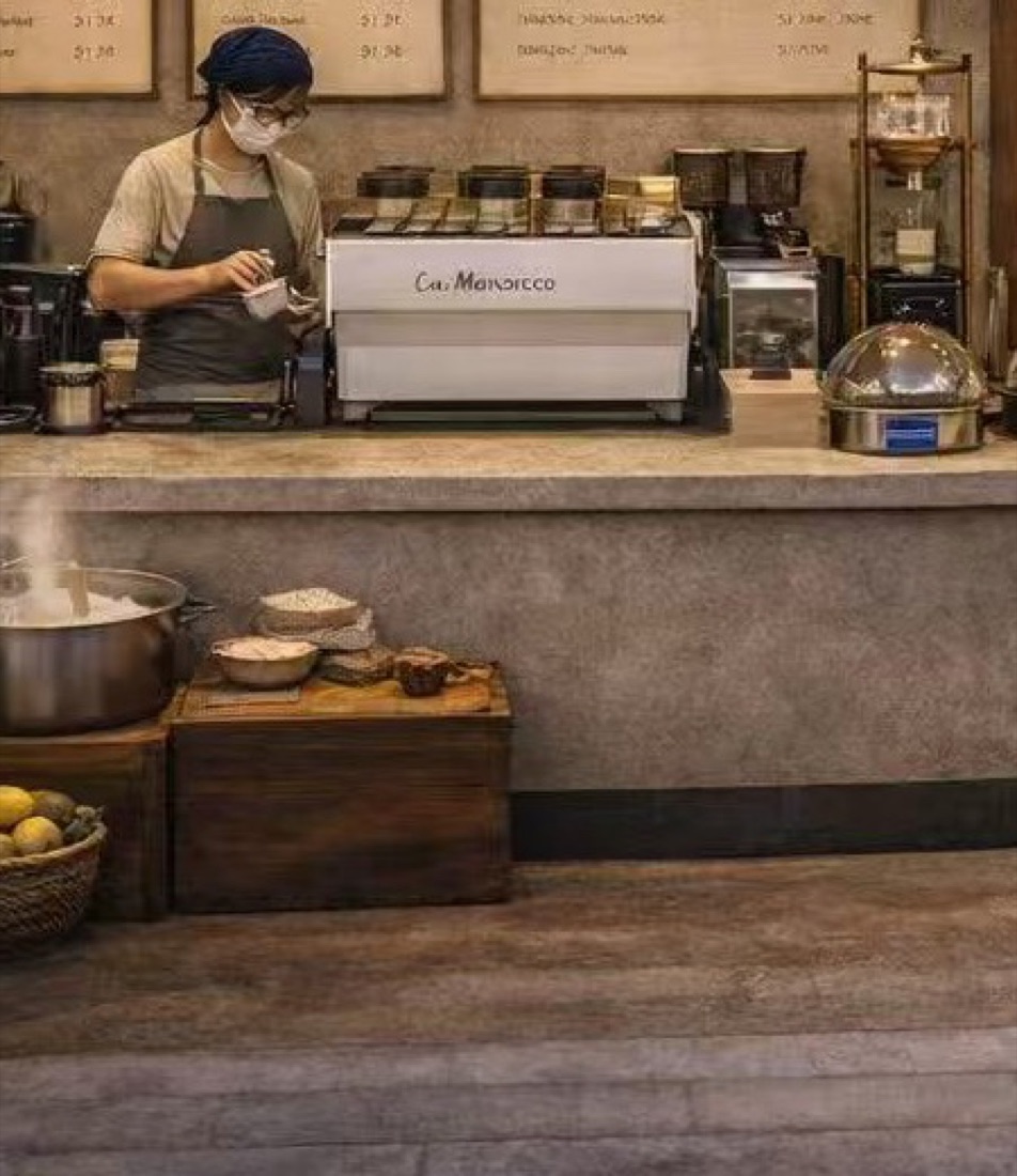 Warm wood counter with espresso machine under soft amber light