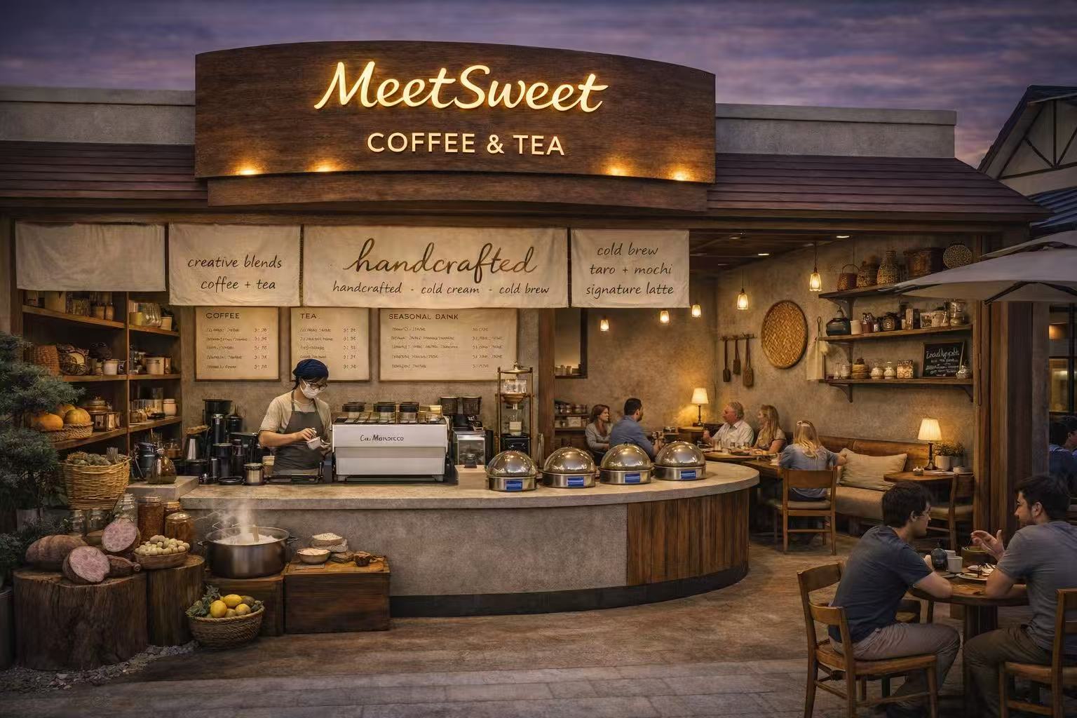 The warm, lamp-lit MeetSweet counter at dusk